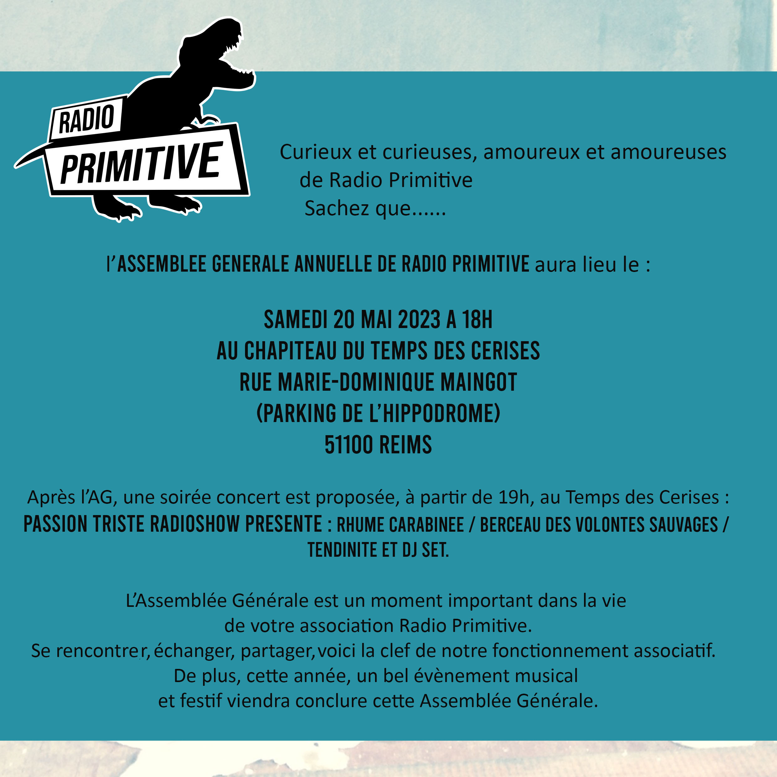 Assemblée Générale Annuelle de Radio Primitive. Samedi 20 mai 2023 !
